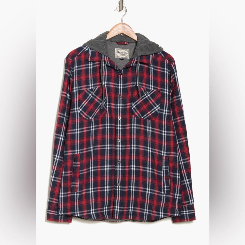 Flag & Anthem Holloway Double Pocket Plaid Cotton Flannel Hooded Jacket, size L